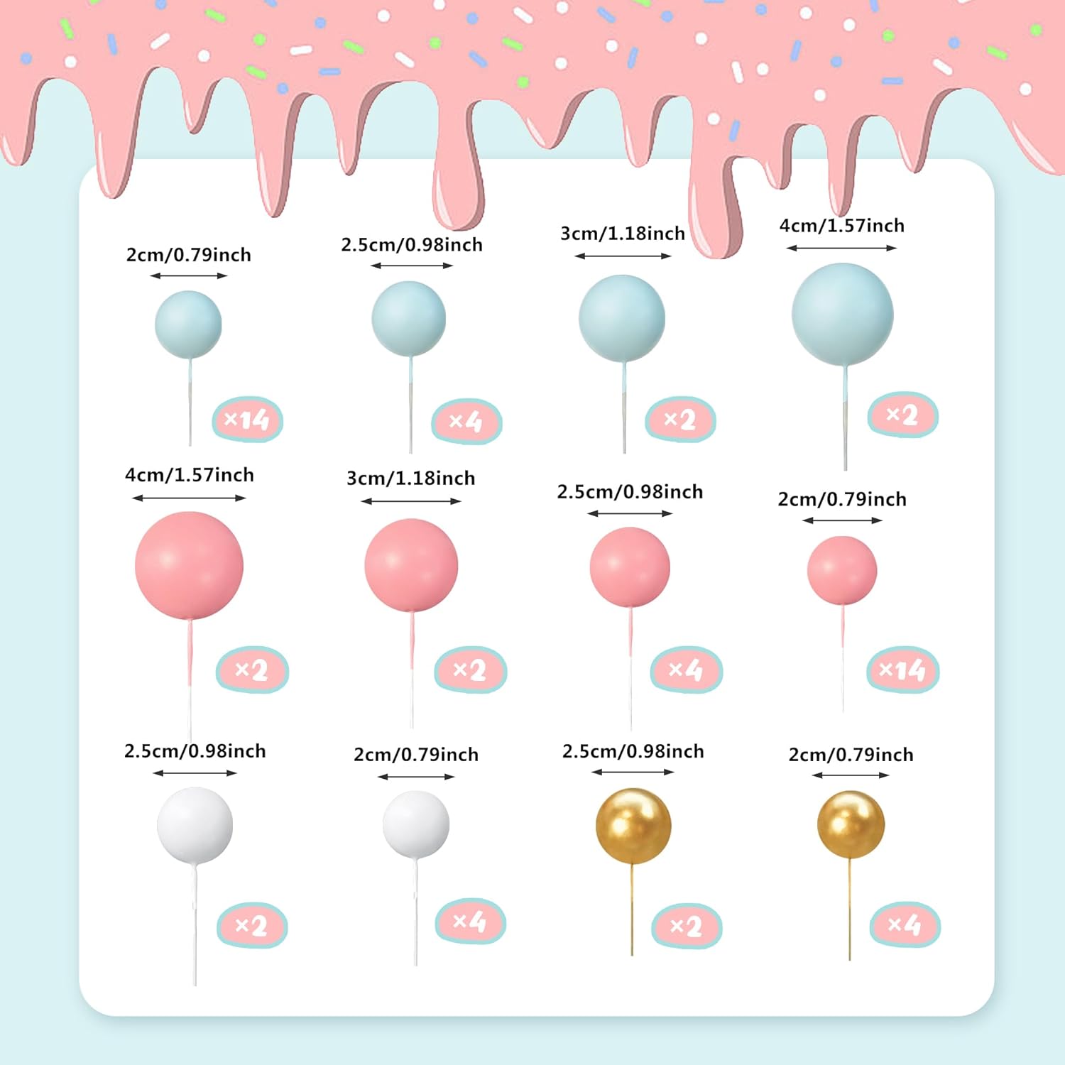 56 PCS Ball Cake Picks Colorful Ball Shaped Cake Topper Pearl Balls Cupcake Cake Insert Topper for Birthday Party Wedding Decoration Supplies Blue Pink Series Four Colors image 2