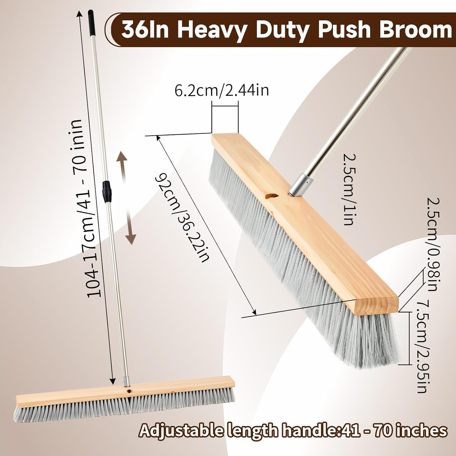 Maxdot 36" Push Broom with Stainless Steel Telescopic Handle,Polypropylene Bristles, Heavy Duty Push Large Broom with Handle for Smooth-Surface Home and Garage Sweeping