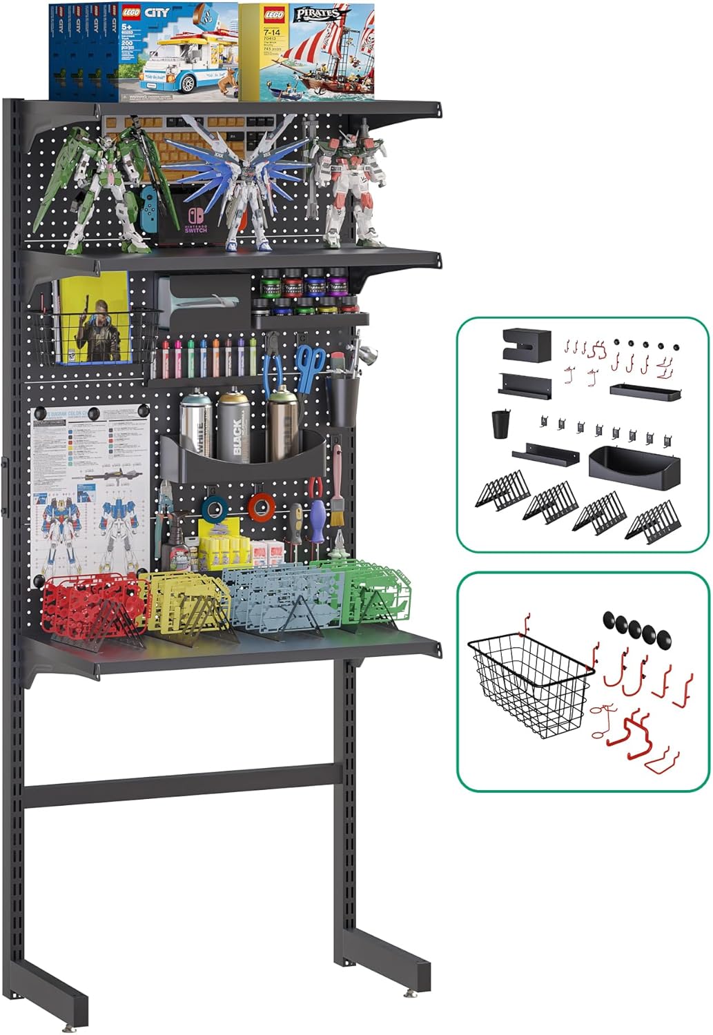 JWX Black Gaming Pegboard Standing Shelf Unit DIY Model Kit Bundle