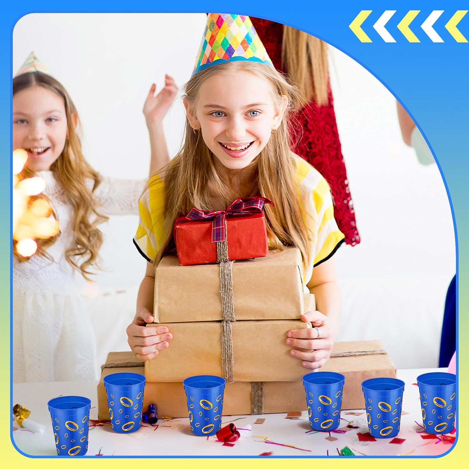 Qinyoung 24 Pcs Blue with Gold Ring Print Themed Birthday Party Supplies Plastic Cups Reusable 16oz Cups for Cartoon Theme Birthday Party Holiday Events Decoration Favors