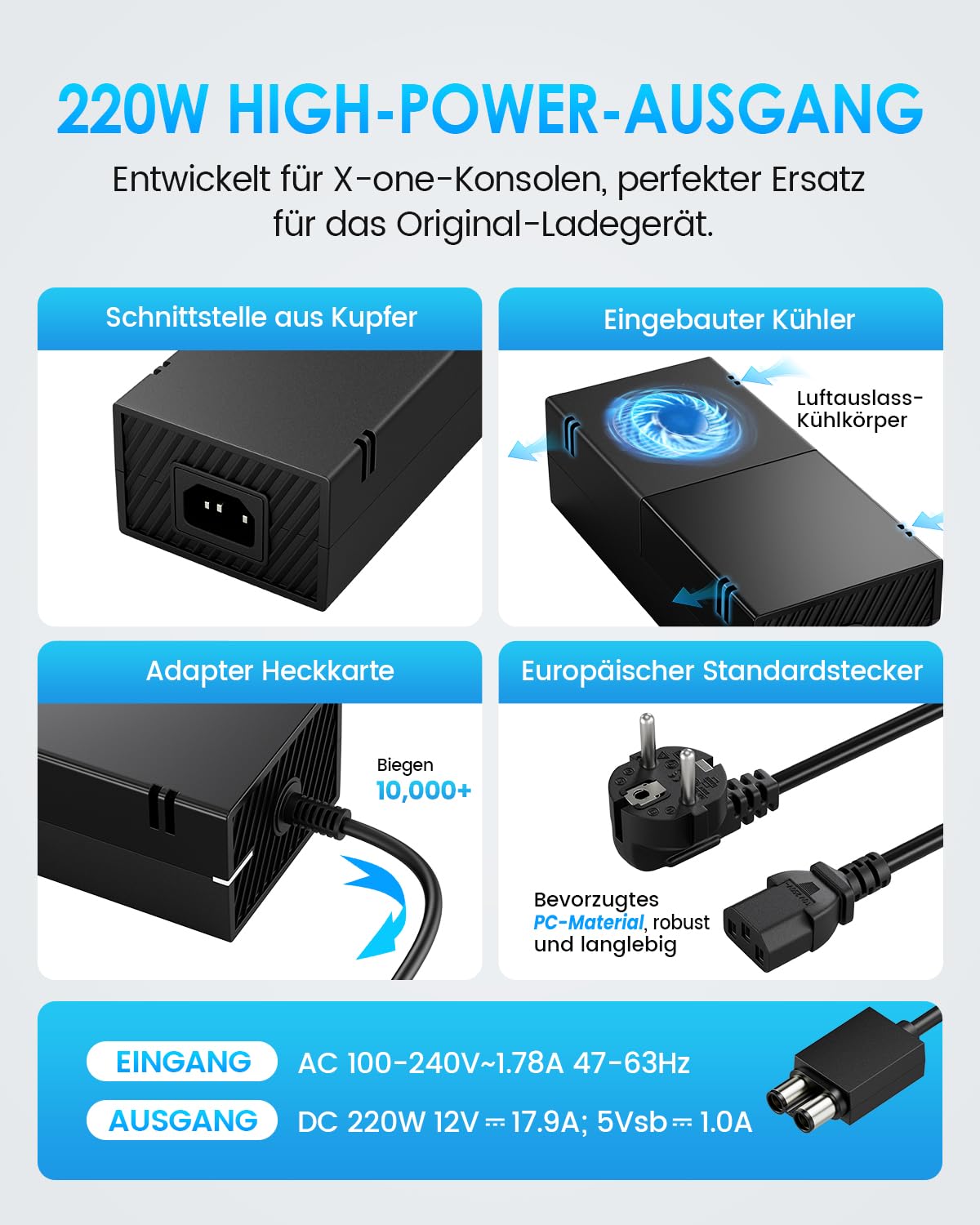 220W Netzteil Ladekabel für Xbox One Konsole, 100-240V AC Adapter Ersatz mit EU-Stecker, Stromversorgung für Xbox One Hauptkonsole, Leise Version Upgrade, Auto Voltage