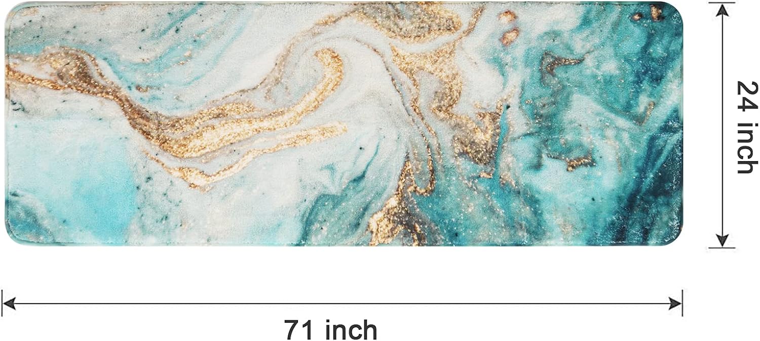 Uphome Extra Long Bath Rugs Luxury Turquoise Marble Bathroom Runner Rugs Ultra Soft Microfiber Velvet Bath Mat Non-Slip Washable Floor Carpet for Kitchen Bathtub Shower Accessories 24x71