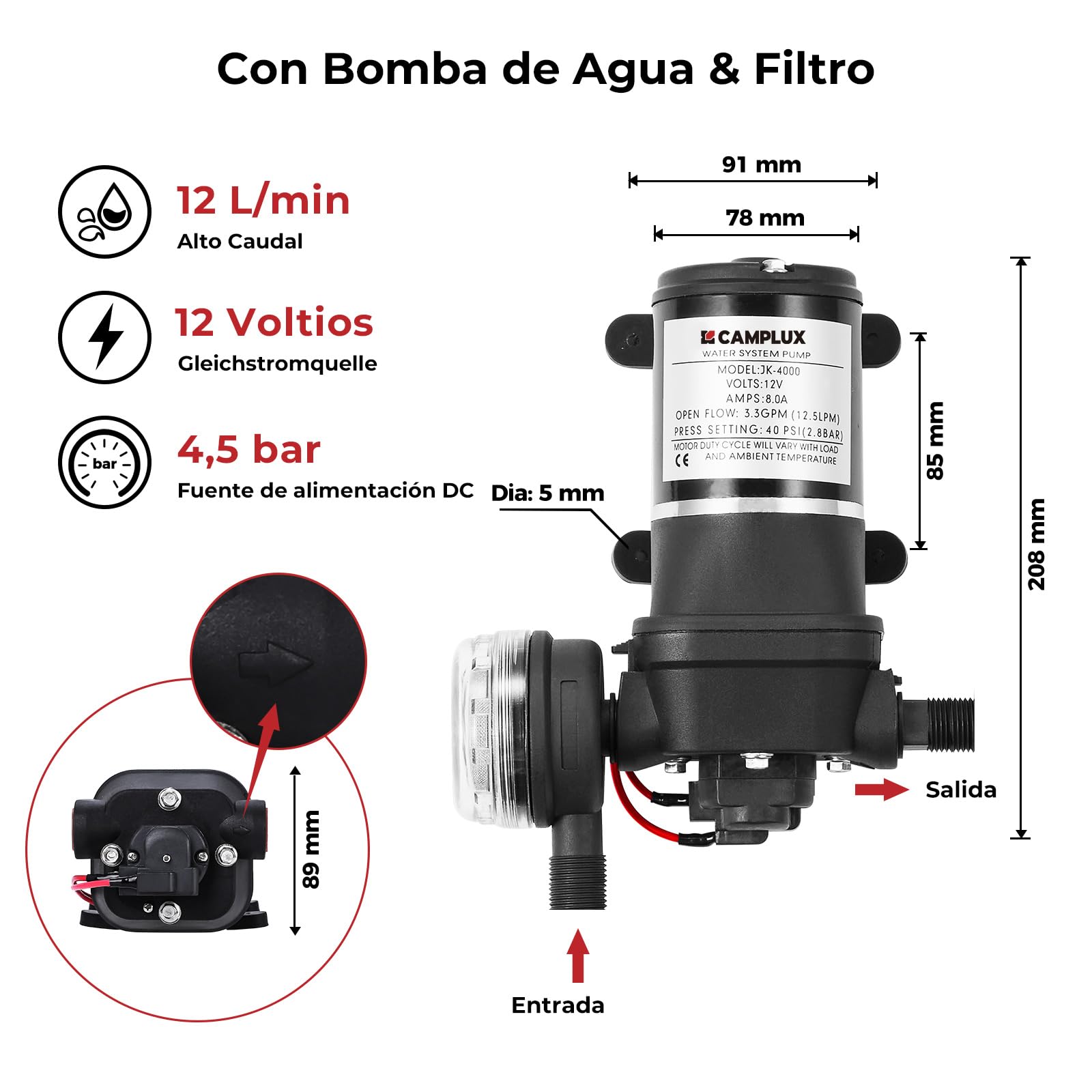 CAMPLUX Calentador de Agua de Gas con Bomba de Agua y Filtro, 10 Litros, GLP, 50mbar, 20kW, BW264BCP120-DE