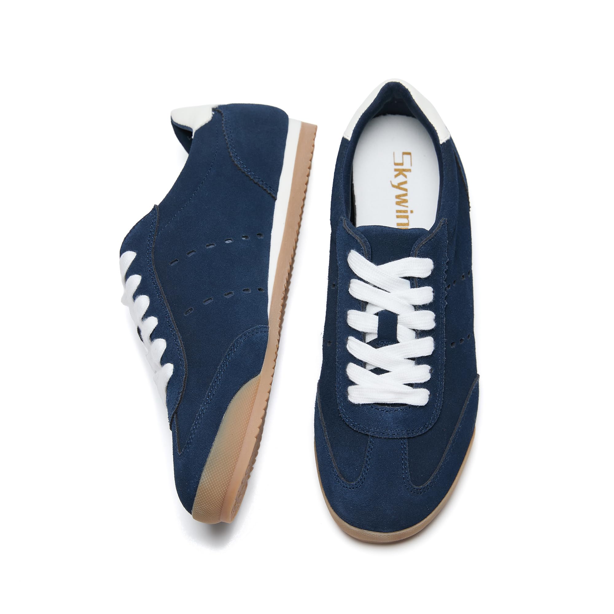 Skywind Women's Genuine Leather Suede Sneakers Lightweight Retro Low Profile Sneaker for Women Casual Everyday Comfort Walking Shoes