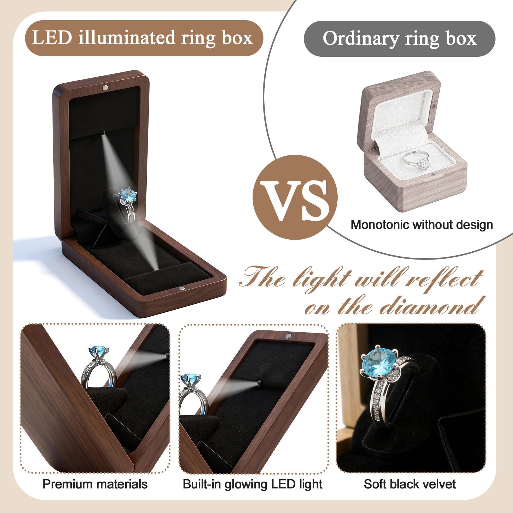 Rotierende Verlobungsringbox aus Holz für Antrag, Hochzeit, Jahrestag, Ringbox mit LED-Licht, Geschenkverpackung (schwarze Walnuss)