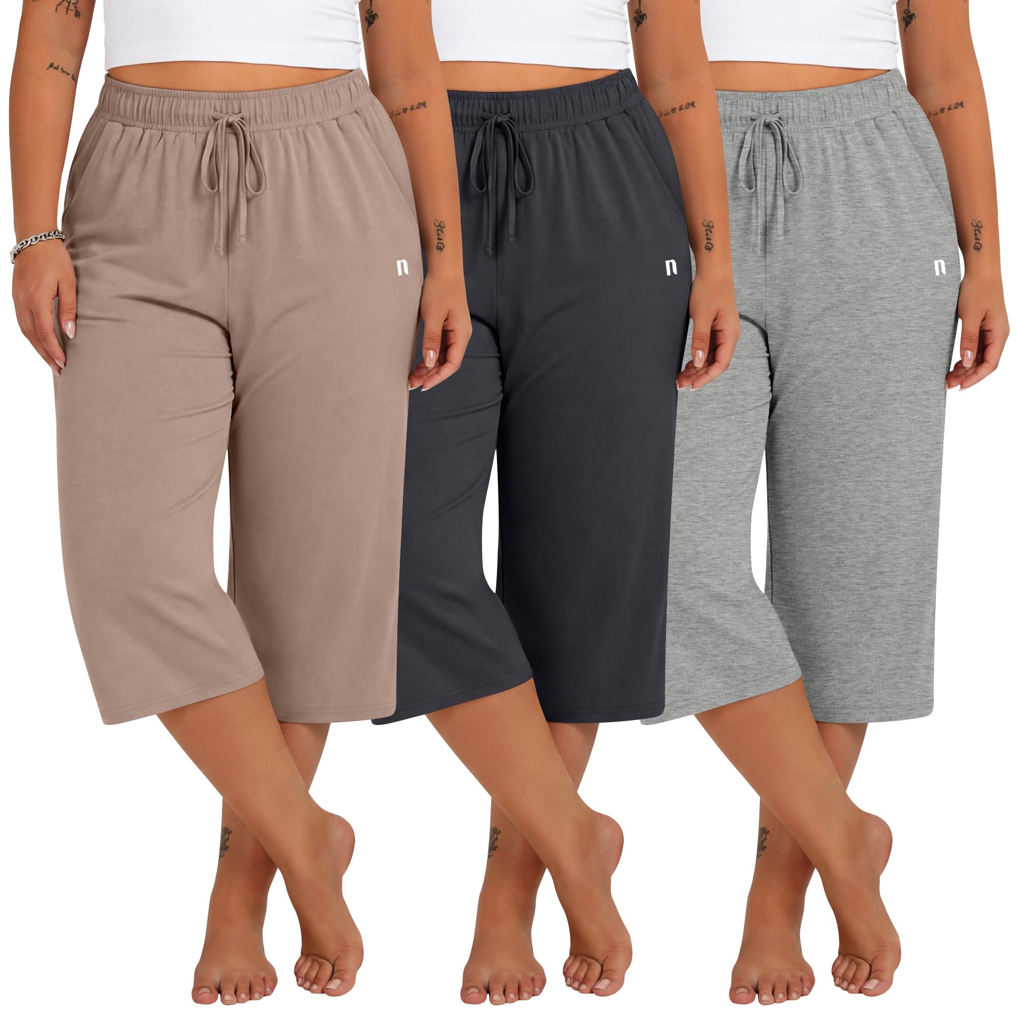 Neer Lot de 3 Pantalons Capri décontractés pour Femme avec Cordon de | Pantalon de survêtement ample décontracté avec cordon de serrage et taille élastique pour femme