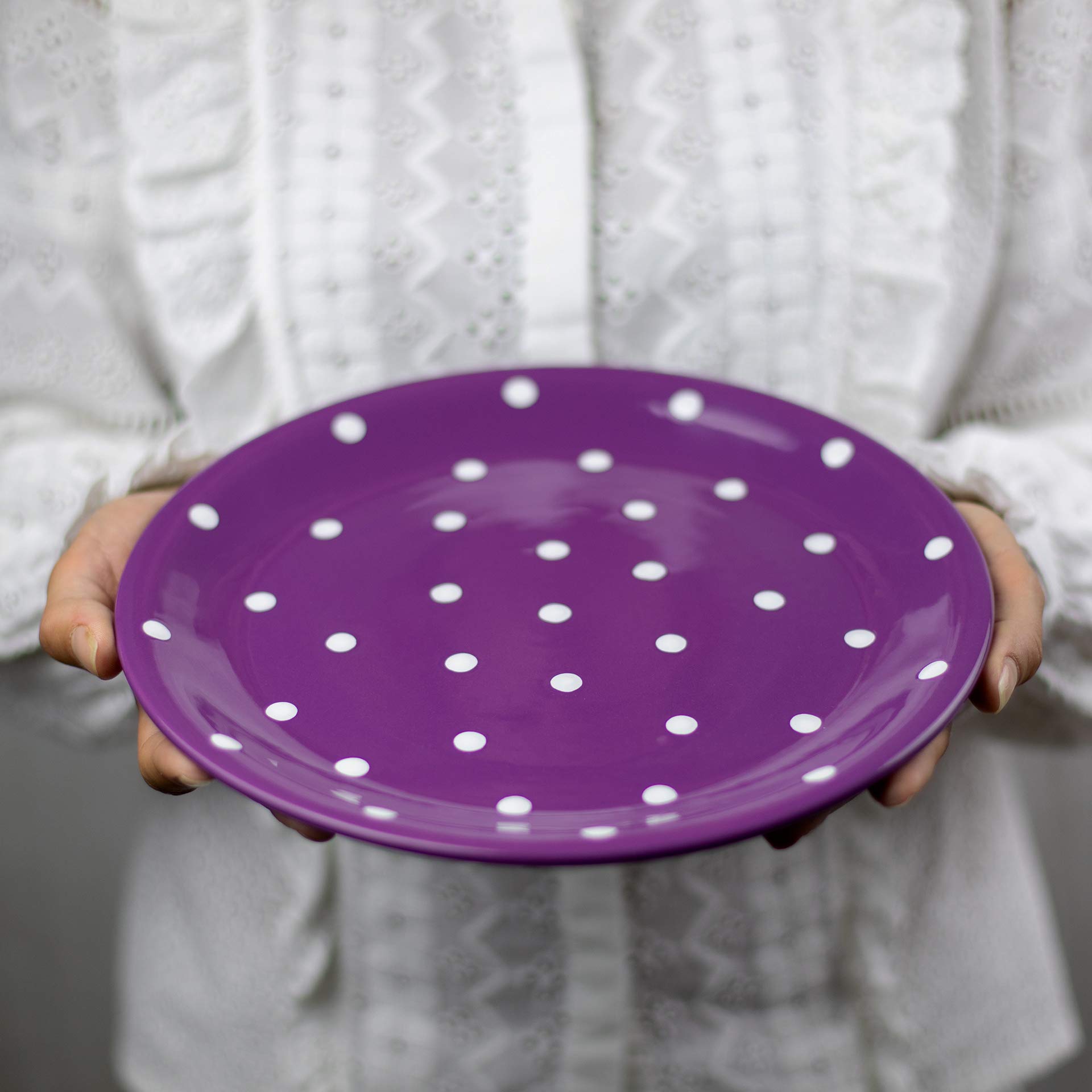 Assiette Plate Céramique City To Cottage - Violette à Pois Blancs, Faite Main - 25.5cm, Four Et Lave-vaisselle