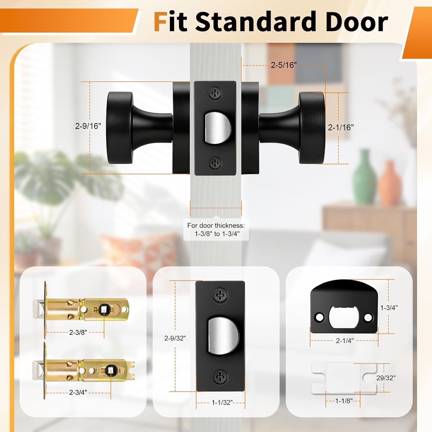Probrico Round Passage Door Knobs, Black Door Knobs, Interior Door Knob for Closet and Hallway, 6 Pack
