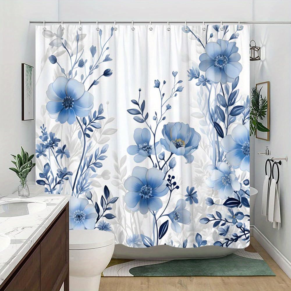 Tenda da doccia digitale con motivo floreale botanico, tessuto impermeabile con fantasia blu e bianca, ideale per bagno, vasca da bagno e altri ambienti (230x170 cm/LxA)