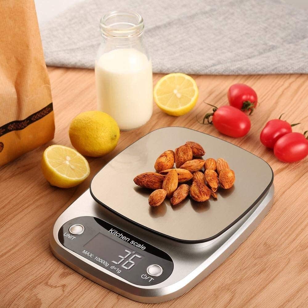 Báscula de Cocina Digital, 10 kg/1 g, electrónica, para Hornear y cocinar, con Pantalla LCD, Color Plateado, de Acero Inoxidable, función de Tara, 4 Unidades