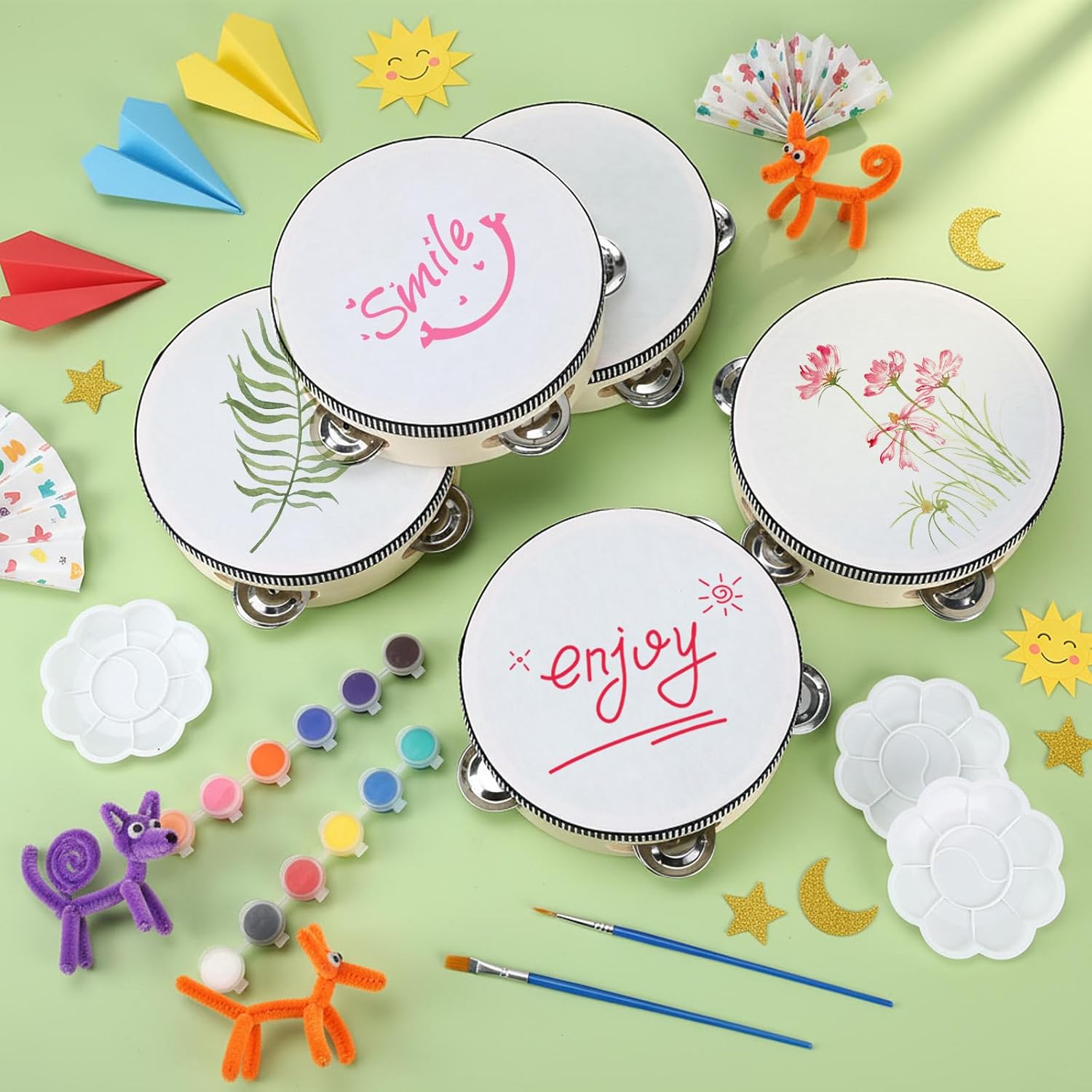 12 Set 6 Inch Tambourine Drum Bulk DIY Tambourine Drum with Acrylic Paints, Paint Brush and Palette, Wood Metal Jingles Instrument Percussion Gift for Church Wedding Party Games