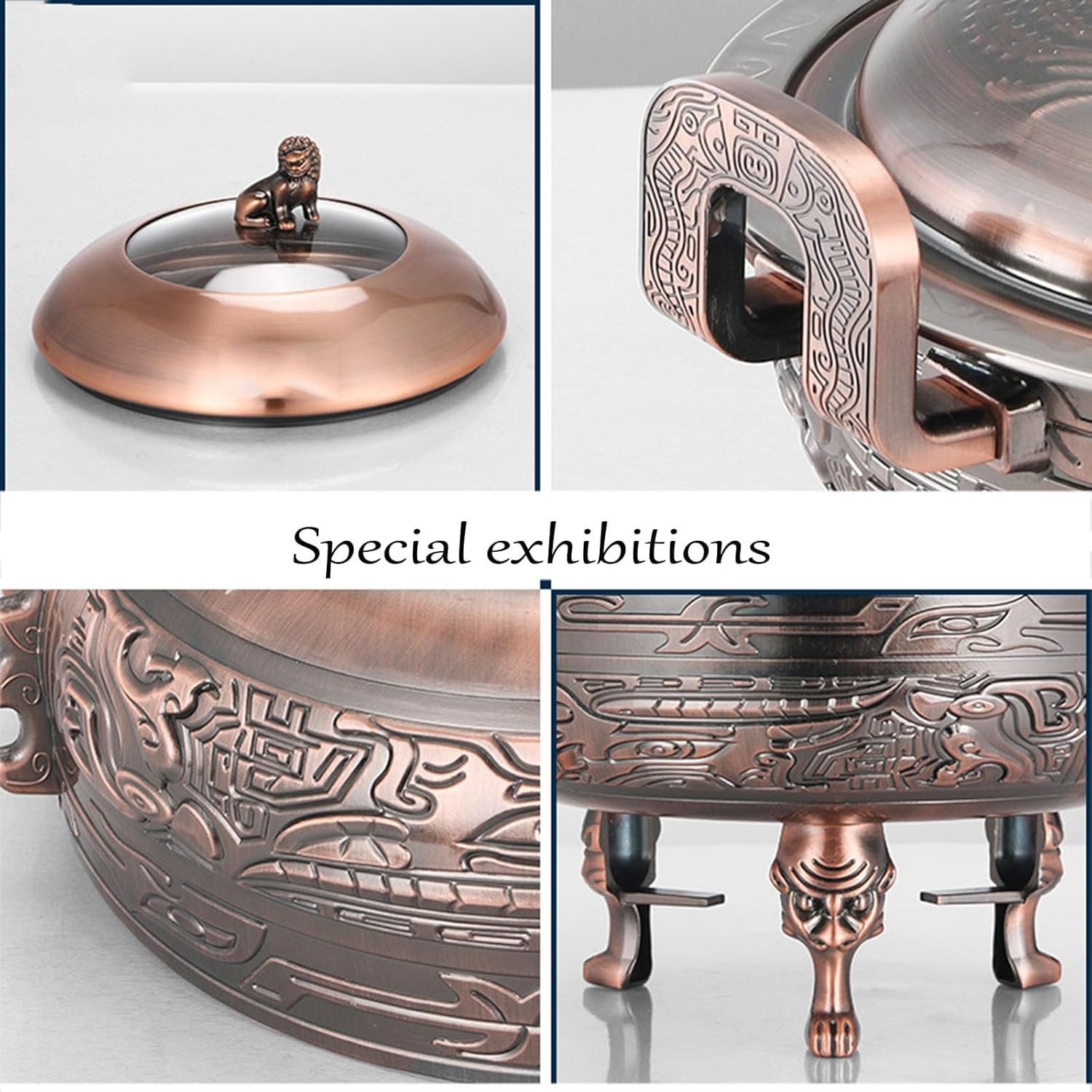 Calentador De Alimentos Redondo Comercial, Juego De Calentador De Acero Inoxidable Y Cobre con Bandejas para Alimentos, Soporte De Aluminio, Tapa Visible Y Red Copper 28CM