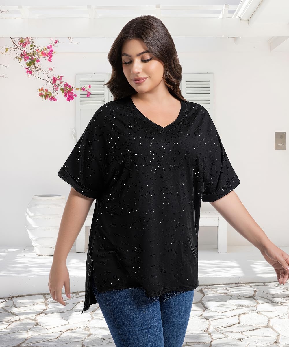 Plus Size Tops for Women Short Sleeve Shirts V Neck Split Hem Basic Tee Pullover Blouse XL-4XL - Image 4