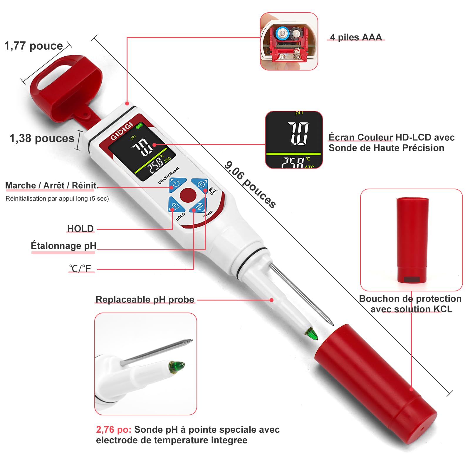 pH-mètre pour fermentation alimentaire, testeur de pH à sonde avec écran couleur (avec compensation automatique de température) pour cosmétiques, levain, viande, fromage, conserves, légumes marinés
