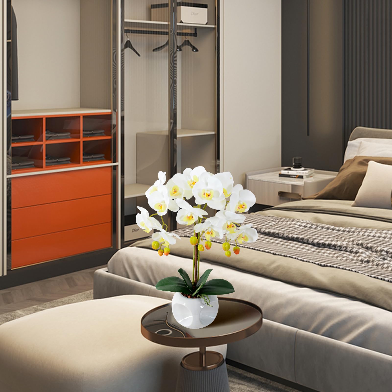 Ziwon Artificial Orchid Flowers Potted in Ceramic Pot, White Faux Phalaenopsis Orchids for Table Centerpiece, Realistic Fake Flower in vase for Home Office Decor Indoor