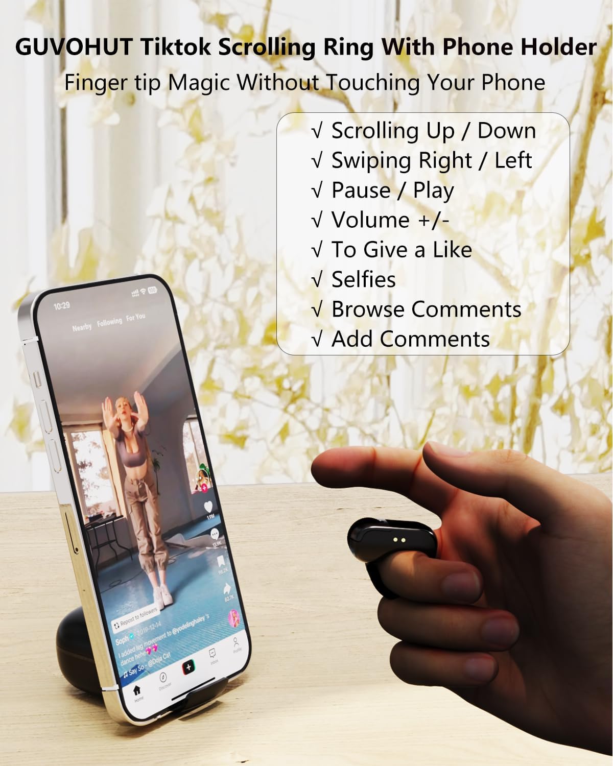 Remote Control for TikTok,Air Finger Ring Mouse with Touchpad, Bluetooth Page Turner for iPad/Kindle App/iPhone/Android (Black)