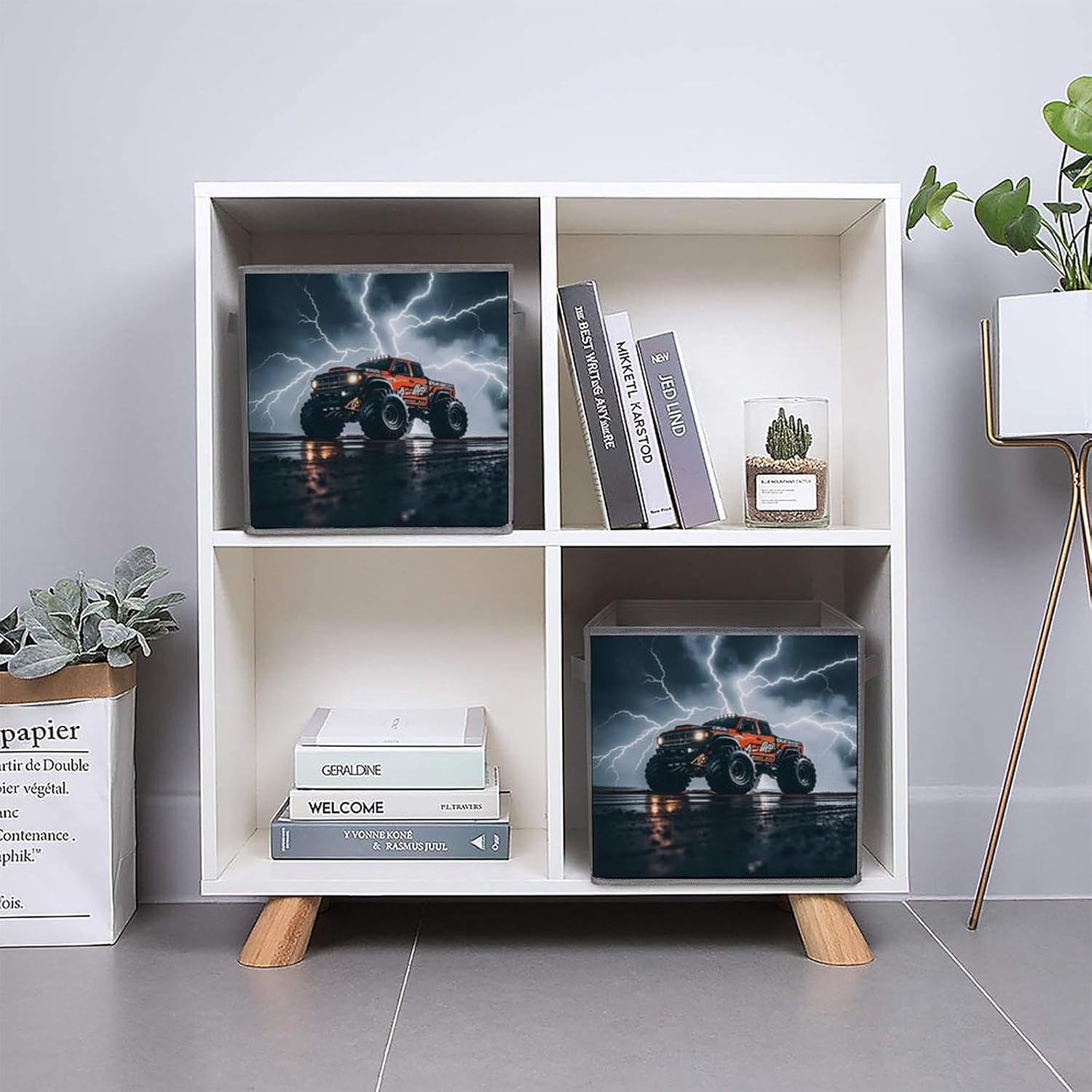 Monster Truck Black Sky Lightning Roar Foldable Storage Box with Handles, Durable Oxford Storage Cubes, 2PCS Collapsible Closet Organizer for Home, Shelf, Office, Travel