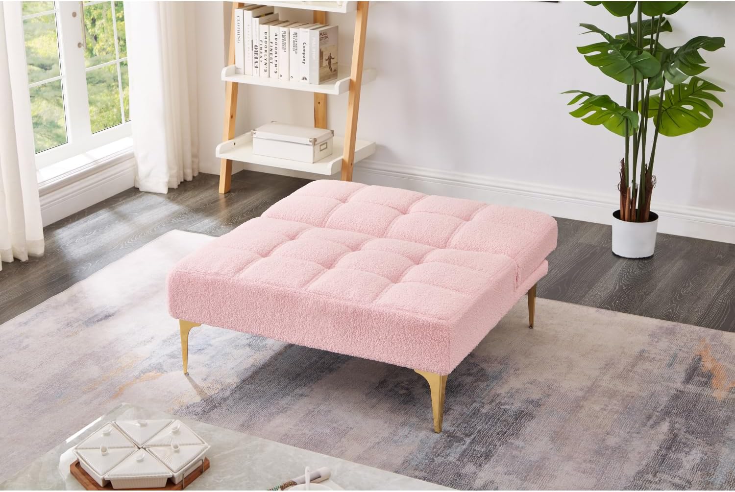 Convertible Single Sofa Bed Futon with Gold Metal Legs - Pink Teddy Fabric