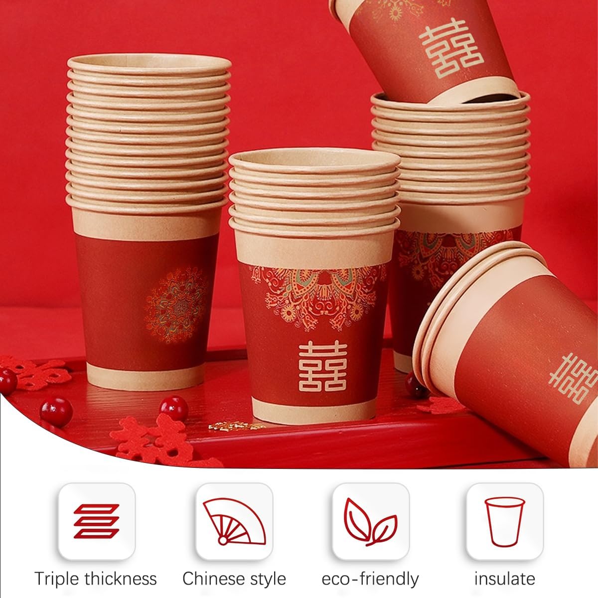 DOERDO 50Pcs Disposable Paper Cups Coffee Cups Hot Cold Tea Cups Beverage Drinking Paper Cups for Chinese Style Wedding Party Supplies - Image 6