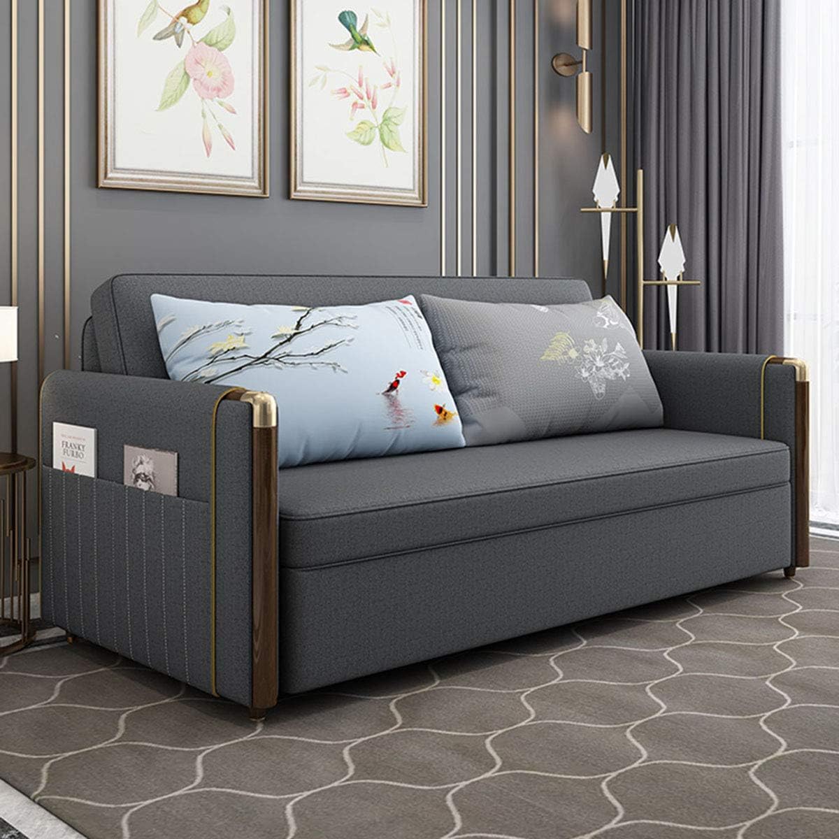 2 In1 Sofa Couches Bed, Nordic Foldable Solid Wood Sofa Convertible Bed, Living Room Double Fabric Storage Sofa Furniture, High Density Sponge Filling Comfortable Cushion,Gray,1.2M