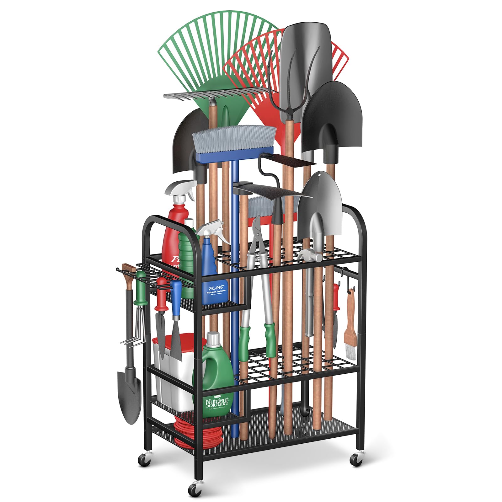 Garden Tool Organizer for Garage, Yard Tool Rack for Garage Organization and Storage, Shed, Outdoor, 2-layer storage Large Tool Stand Storage Up to 48 Tool Shovels, Rakes, Brooms,Black