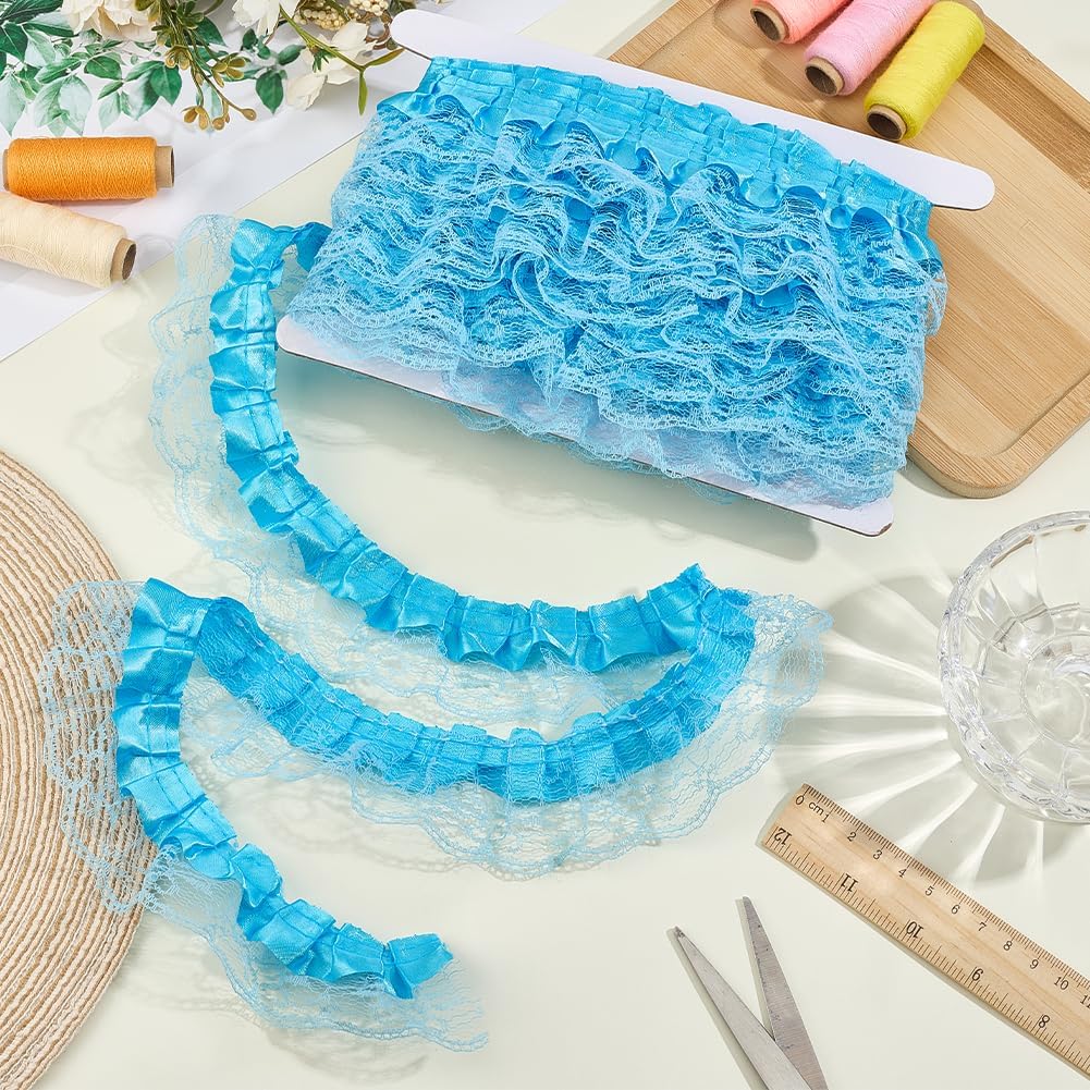 GORGECRAFT 11 Yards Satin Organza Lace Edge Trim 1.77 Inch Pleated Ruffle Chiffon Ribbon Sky Blue Gathered Edging Trimmings Fabric for Cloth Dress Sewing Embroidered Applique Wedding Party Decor