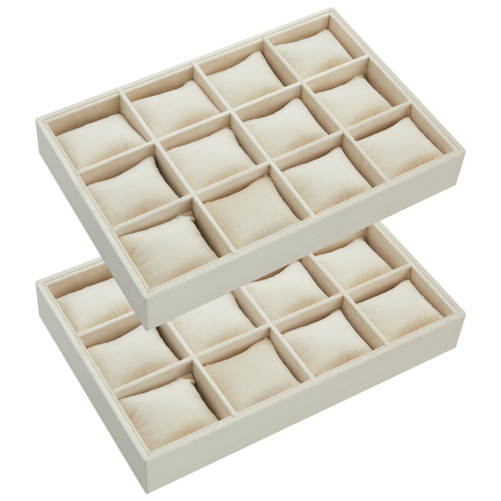 Henoyso 2 Pieces 12 Grid Velvet Watch Tray Jewelry Organizer Stackable Watch Bracelet Bangle Display Holder Adjustable Pillow(Beige)