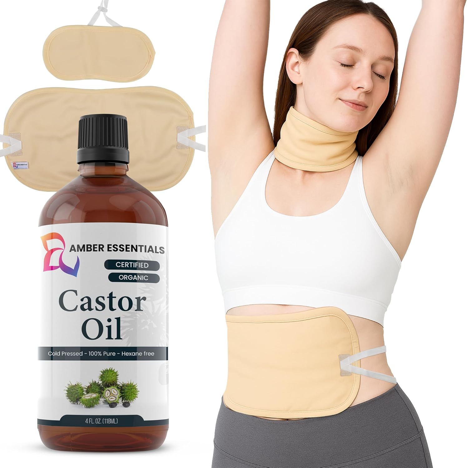 Reusable Castor Oil Pack Wrap Kit | Includes Organic Waist & Neck Wraps + 100ml Cold Pressed Organic Castor Oil | Detox Pack for Lymphatic Drainage & Hormone Balance
