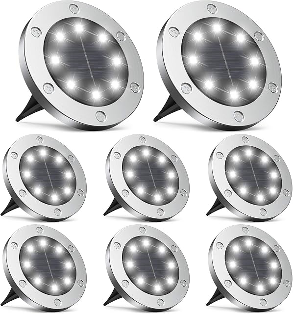 infray Solar Ground Lights, Upgraded 8 LED Solar Disk Lights Outdoor IP65 Waterproof Garden Light, Solar In-Ground Light Cold White Landscape Lighting for Lawn Patio Pathway Yard Driveway 8 Pack