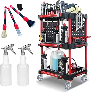 3 Tier Rolling Detailing Tool Cart Rolling Utility Cart with Side Hanging Plate & Hooks Multipurpose Tool Organizer Storage Cart for Warehouse/Garage Repairs,Company Cleaning,Car Beauty Shop(Red)