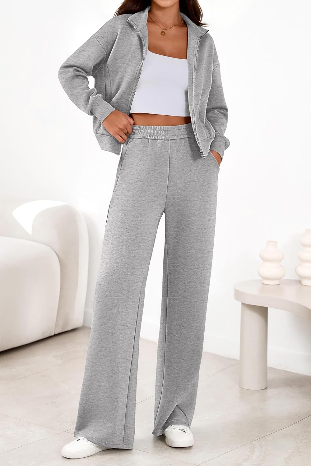 PRETTYGARDEN Womens 2 Piece Outfits Spring Sweatsuits Zip Up Sweatshirt Wide Leg Sweatpants Casual Tracksuit Lounge Sets - Image 4