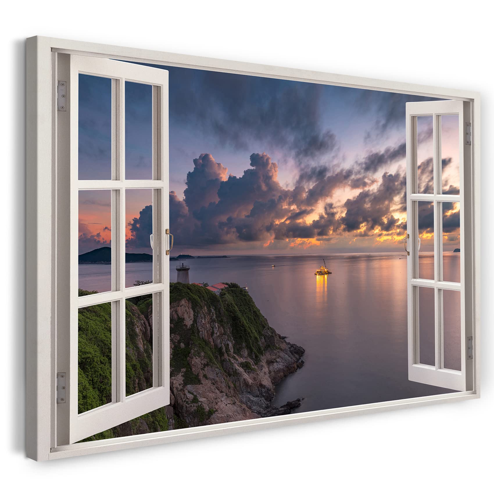 Print on Canvas (100x70 cm) view from the window - lake landscape water sunset nature - nature photography, real wood frame with hook