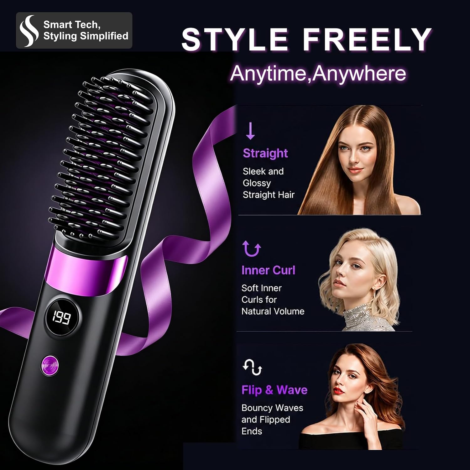 Quick Styling Wireless Straightening Brush – 2026 Cordless Hair Comb for On-the-Go Touch-Up, 30s Fast Heat, Ionic & Ceramic Care, 4 Heat Levels with Display, Type-C Long Battery