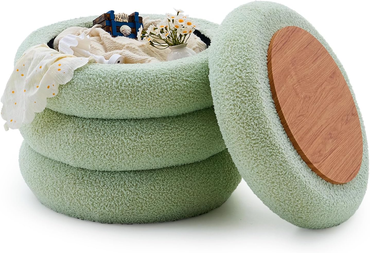 Wimarsbon Round Storage Ottoman, Modern Sherpa Footstool, Teddy Vanity Stool with Flip-Top Tray, Makeup Chair for Home Decor, Upholstered Footrest for Living Room & Bedroom (Green)