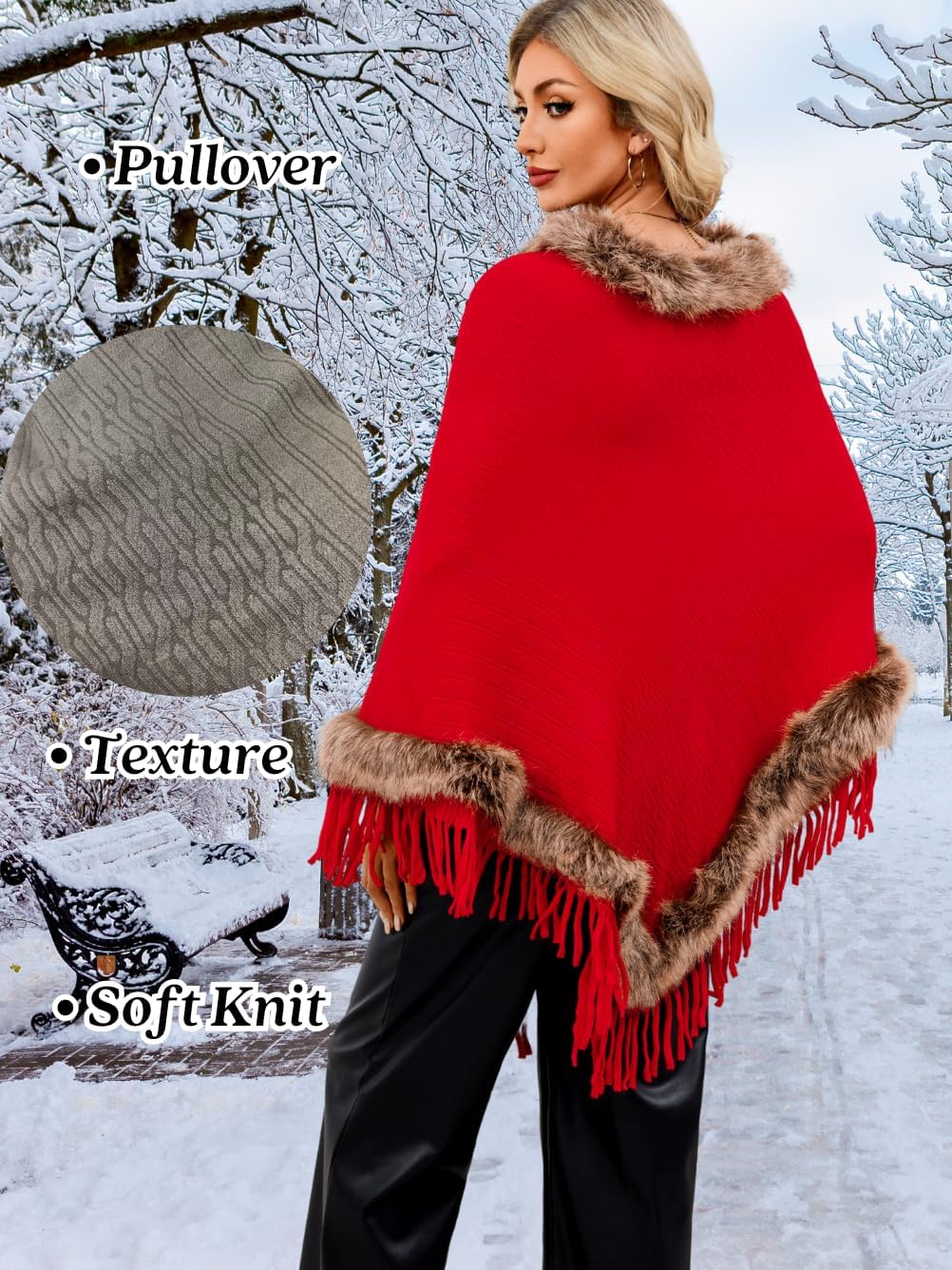 Women's Fur Trim Long Poncho Sweater Elegant Draped Shawl Wraps with Warm-Collar Fits 0-16 - Image 2