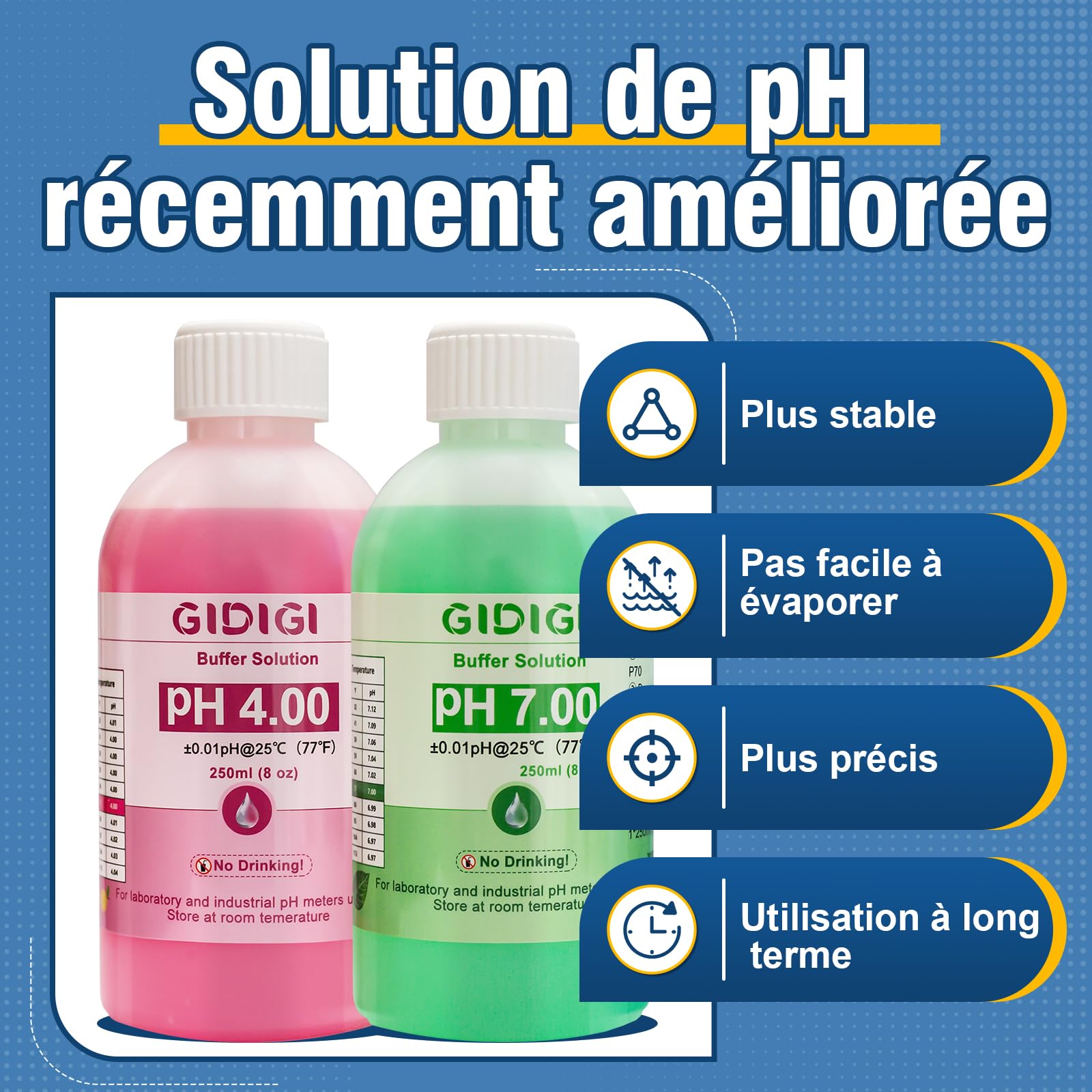 Kit de solution d'étalonnage de pH-mètre, comprend une solution de protection d'électrode dkit solution tampon ph 7 et ph 4, solution de pH 250 ml x 2, solution de stockage de sonde de pH 30 ml x 1