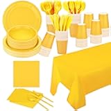 TWOWYHI 229PCS Yellow Party Supplies Set Paper Disposable Plates Cups Plastic Spoons Forks Knives Yellow Napkins for 30 Guests Disposable Party Dinnerware Sets for Wedding Birthday Parties