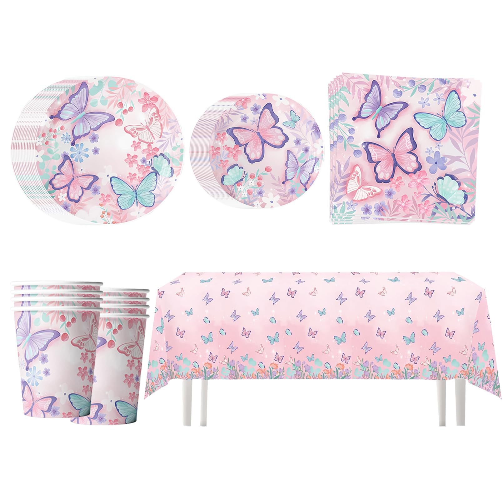 HBZZNIA Butterfly Theme Party Tableware - 81 piece, Birthday Tableware, Butterfly Party Decoration Supplies Set, Includes Paper Cups, Large & Small Plates, Napkins and Tablecloth