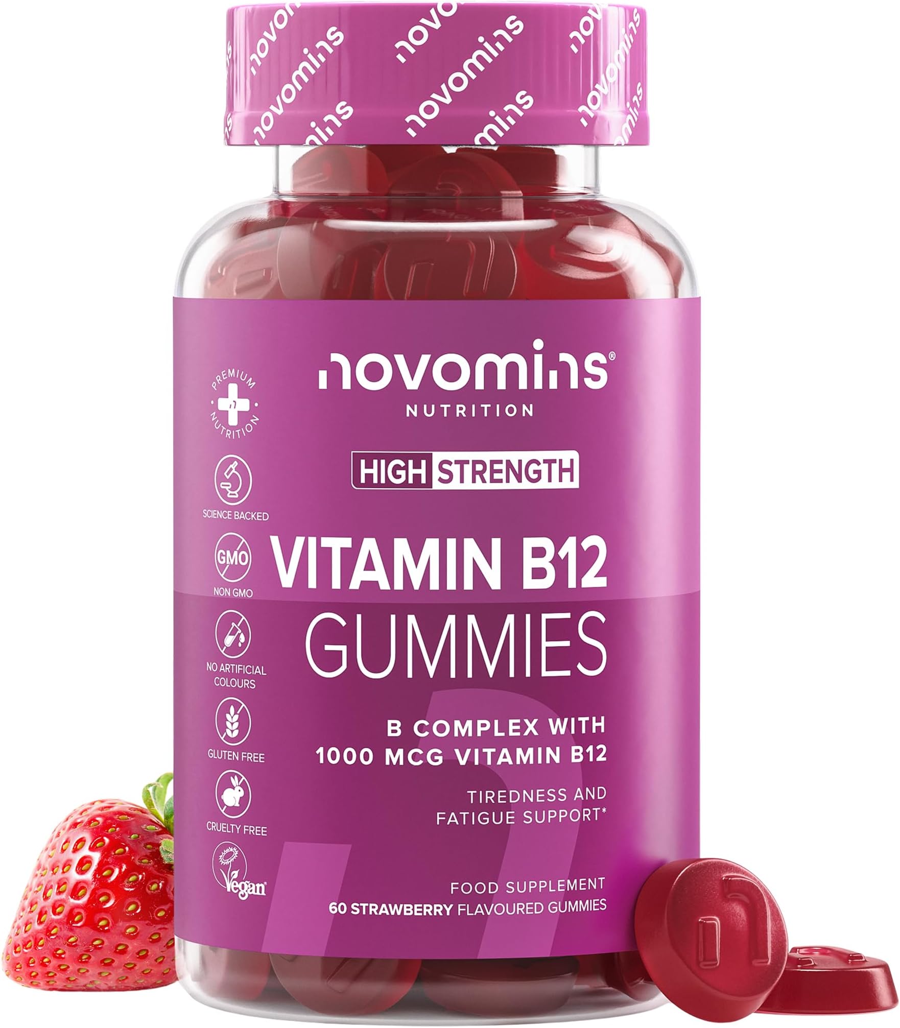 Vitamin B12 Gummies - 1000 mcg High Strength B12 Gummies - Enriched with Vitamin C, B1, B2, B6, & Biotin - 1 Month Supply - Vitamin B Complex Gummies - Novomins