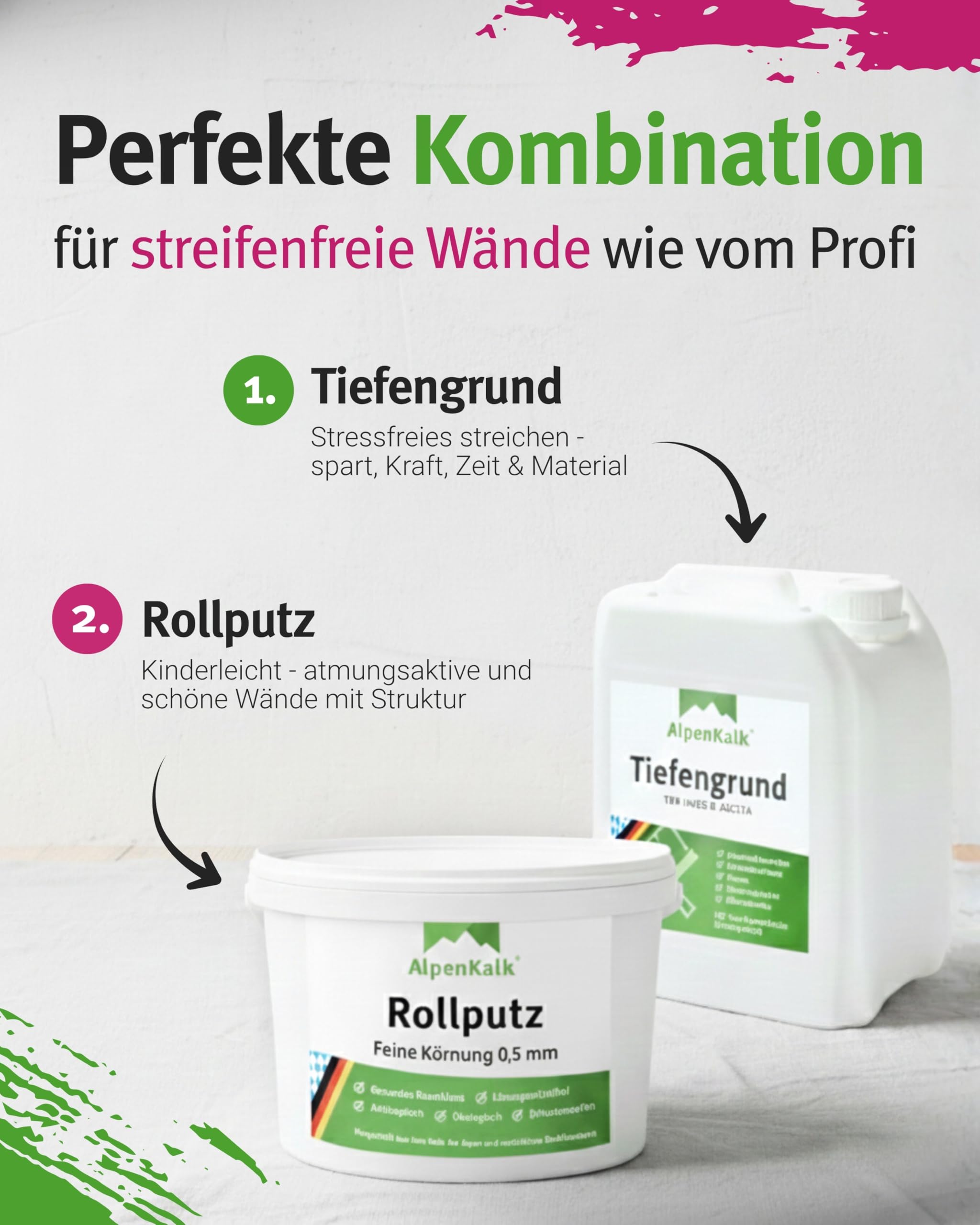 Starter-Set I Feiner Rollputz Innen 7 kg + Tiefengrund 2,5 l für ca. 20m² I 0,5 mm Körnung I Inkl. 18 & 10cm Spezialrollen, 21 x 25cm Abstreifgitter & Quirl I Atmungsaktiv & schimmelhemmend
