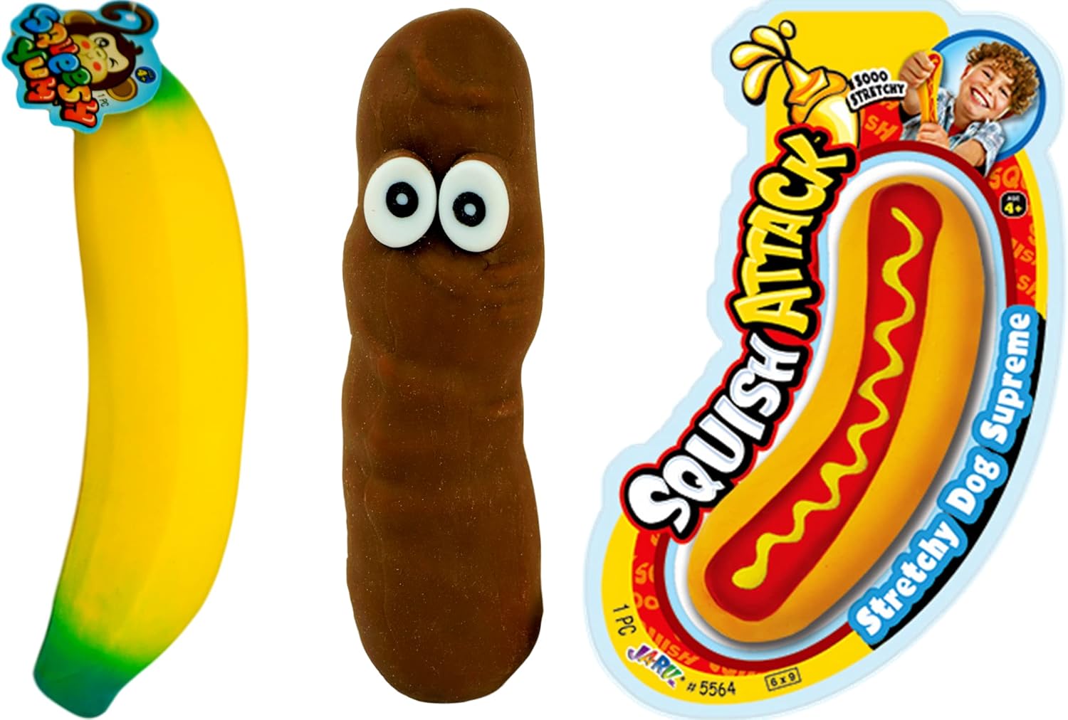 JA-RU Stretchy Banana, Poopster & Hot Dog. Sensory Toys (3 Pack) Stress Relief Toys | Fidget Toys for Kids and Adults. Squishy Toys & Party Favors. & Sticker 3340-6448-5564s