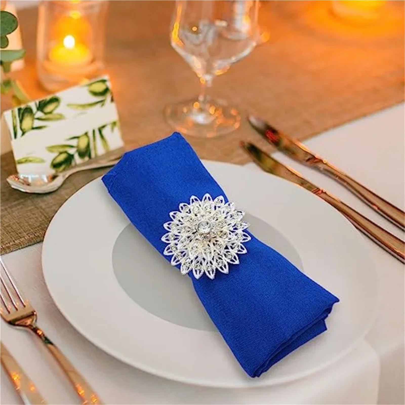 Lot de 12 Ronds Serviette argentés en Forme Fleur, ornés Cristaux et Strass, Parfaits for Un Mariage ou Anniversaire pour DéCoration Table