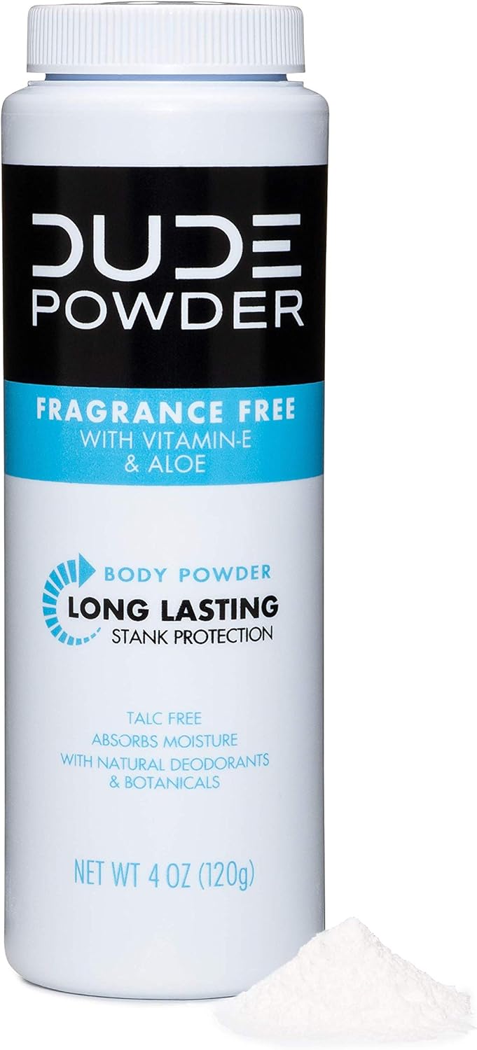 DUDE Body Powder, Fragrance Free 4 Ounce Bottle Natural Deodorizers