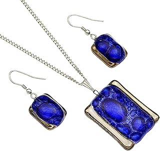 Blue Necklace and Earrings • Designer Jewellery Set • Handmade Bohemian Bubble Glass with Platinum