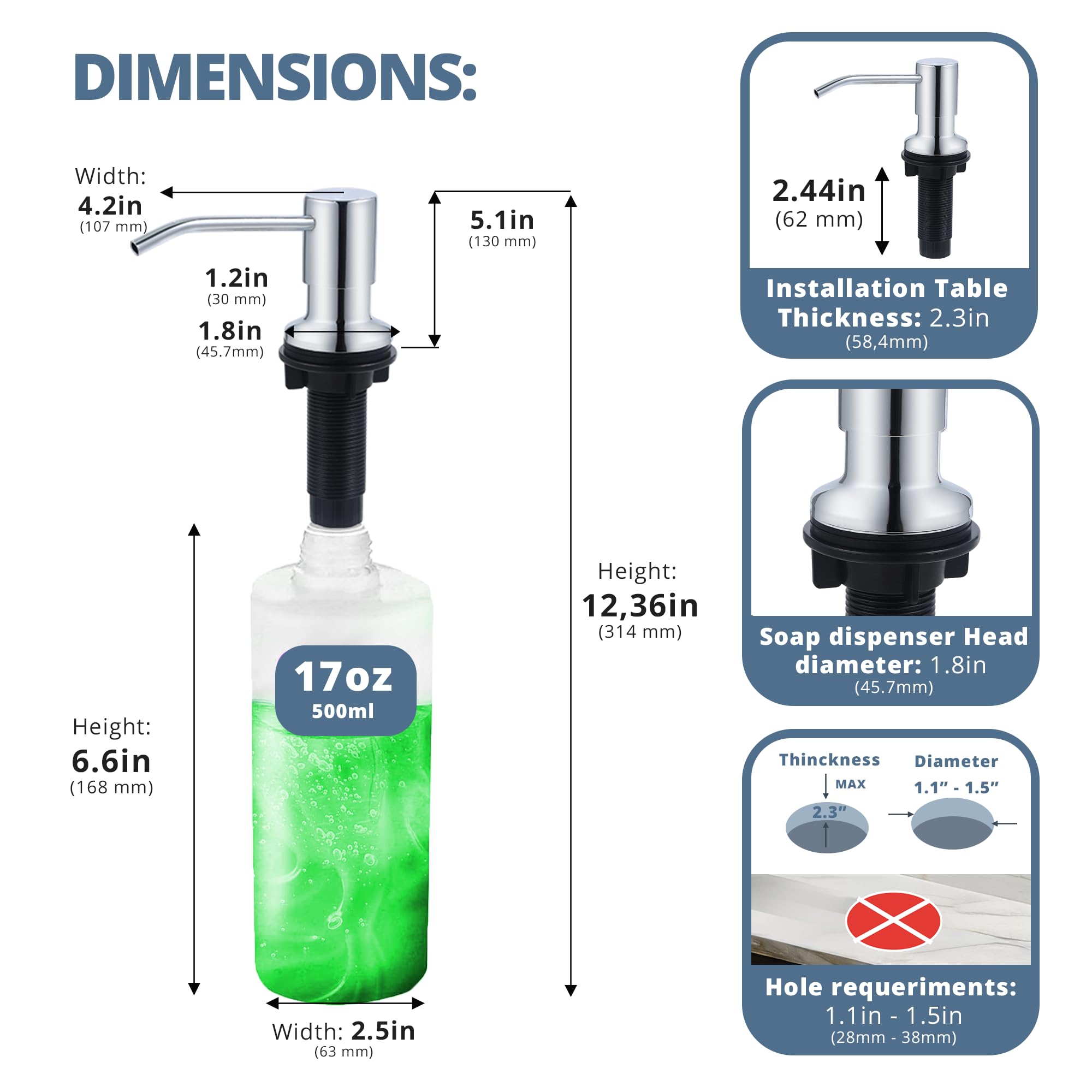 SBEN Dispensador de jabón o loción integrado para fregadero de cocina, bomba de níquel cepillado, botella PET de 17 onzas, cabezal ABS duradero, rotación de 360° (cromo)