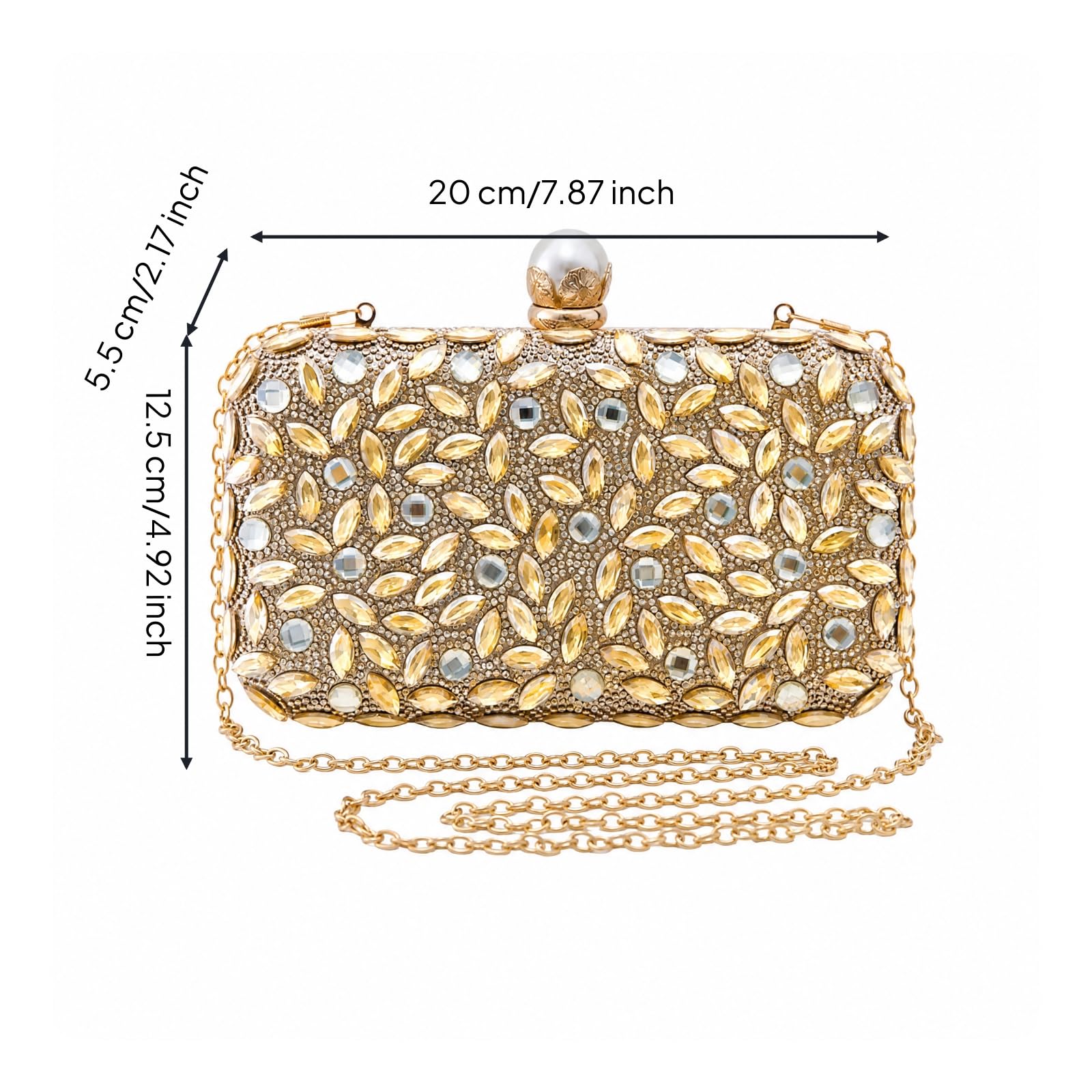Clutch Rectangular Dorado con Pedrería Brillan Bolso Mano Estructurado con Adornos Cristales Distinguido para Bodas, Cenas Formales