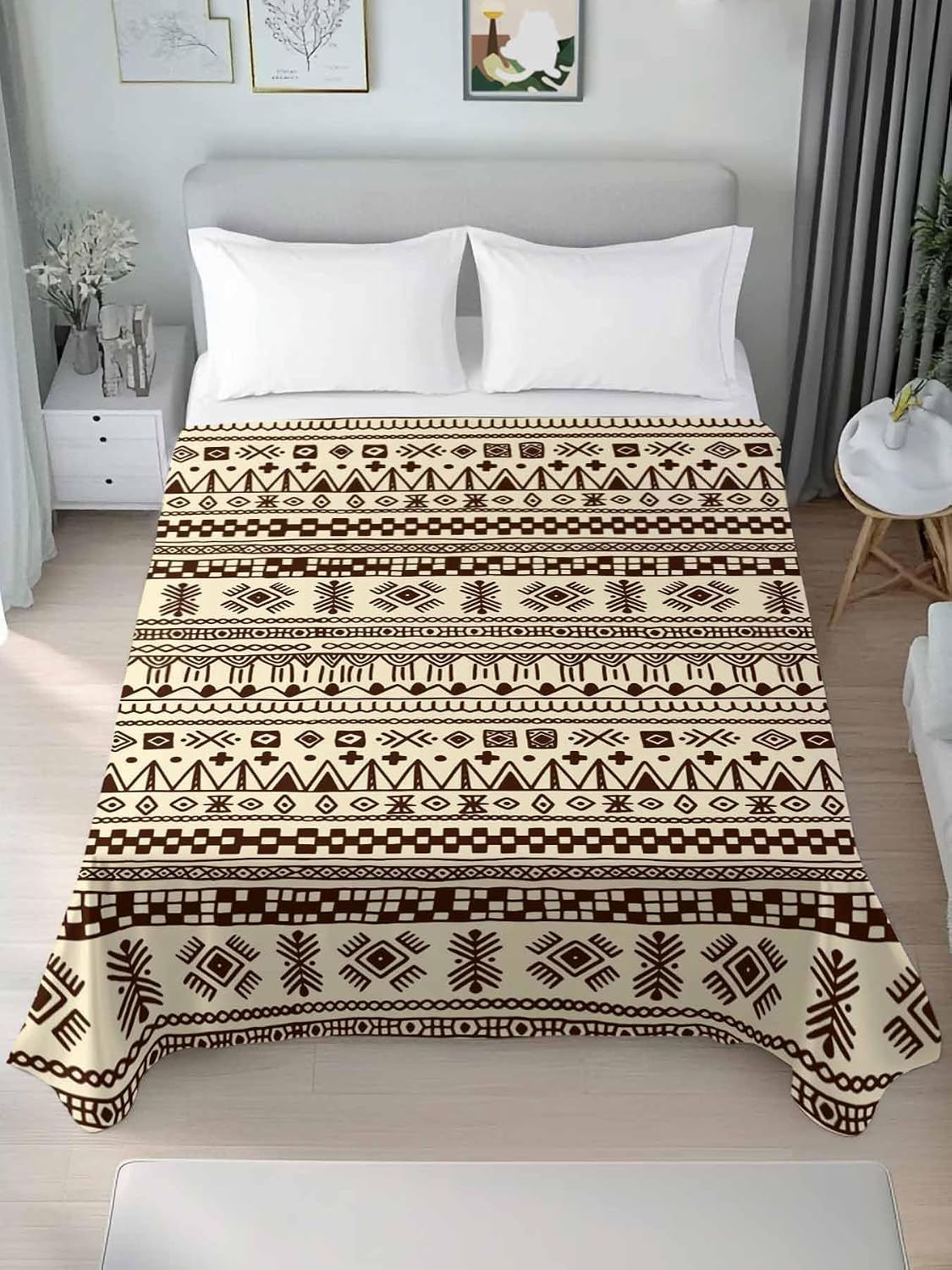King Size Flat Sheet Only,Ethnic Abstract Geometric Brown Soft Top Bed Sheets Breathable Bedding Sheet African Traditional Line Microfiber Hotel Luxury Top Sheets