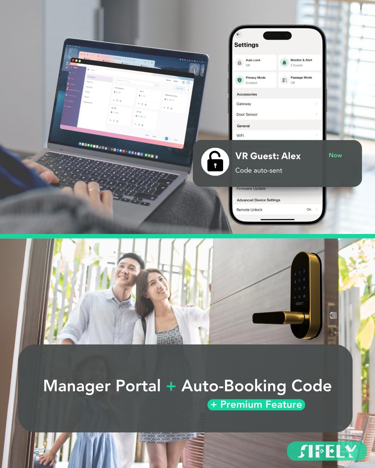 Image showing a person using a laptop with the Sifely Manager Portal and a smartphone displaying the Sifely app settings.