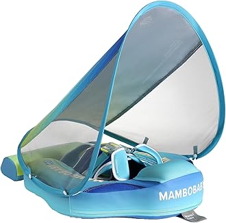 AnjeeIOT Mambobaby Float with Canopy Baby Float Non-Inflatable Baby Pool Float Solid Swimming Float Upgraded Add Tail Never Flip Over for Infant 3-24 Months, Rainbow Green