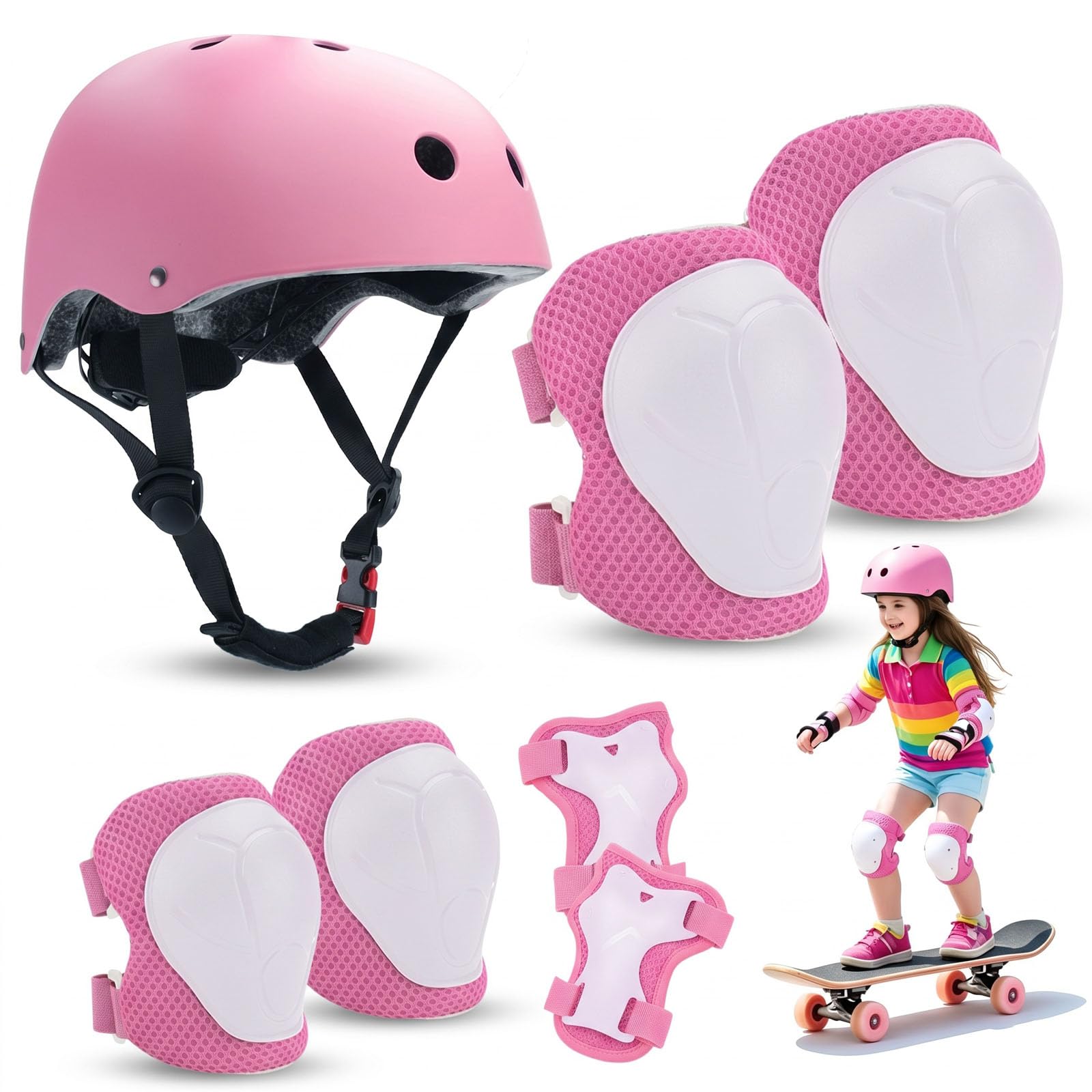 Knieschoner Kinder mit Helm, 7er Set Schoner Inliner Kinder, Schonerset Kinder 3-12 Jahre, Verstellbare Knieschützer Protektoren Kinder Schutzausrüstung für Inliner Skateboard Fahrrad Roller